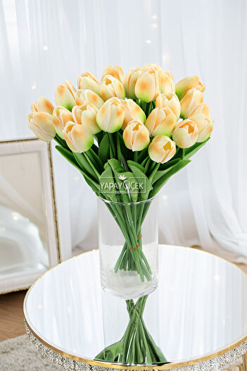 Yapay Çiçek Deposu Artificial 8-Piece Wet Tulip Bouquet Real Texture Salmon - Green