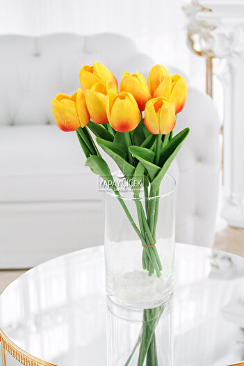 Yapay Çiçek Deposu Artificial 8-Piece Wet Tulip Bouquet Real Texture Flame Orange