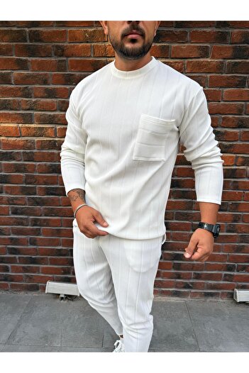 Baycombine35 Vertical Striped Ottoman Fabric Pocket Detailed Men's Sweatshirt