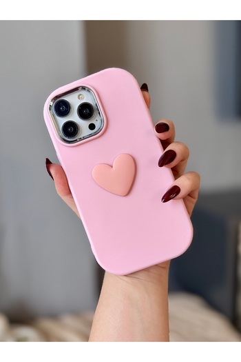 MİRAZ TASARIM iPhone 14 Promax 3D Heart Decorated Powder Pink Soft Case