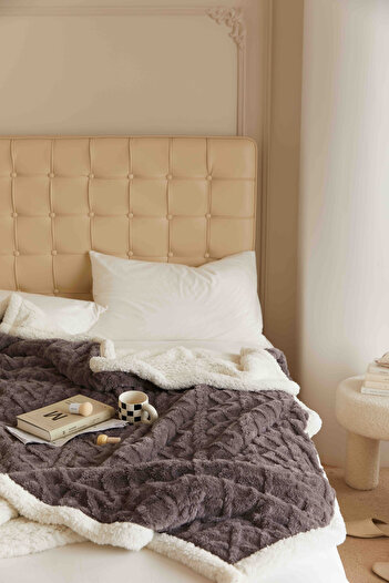 JOJO HOME Cocolino blanket with fur, Tricot type, 200x230cm, plush microfiber, Dark Grey