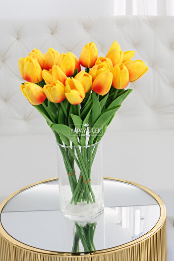 Yapay Çiçek Deposu Artificial 8-Piece Wet Tulip Bouquet Real Texture Flame Orange