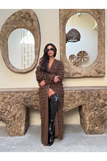 manana fashion Fringed Long Brown Knitwear Seasonal Trend Cardigan