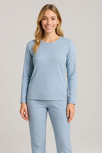 enmodaiçgiyim Light Blue Striped Women's Pajama Set – Long Sleeve, Comfortable Fit, Soft Fabric, Stretchy