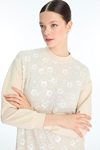 Zühre Stand Collar Floral Pattern Beige Double Suit Tk-1726