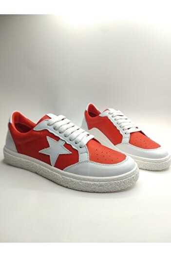NEWGÜLTEKİN Genuine Leather Red and White Women's Sneaker Comfortable Stylish and Sporty Daily Shoes