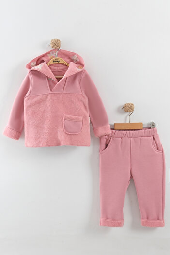 Mini Baray Baby Girl Floral Embroidered Hooded Kangaroo Model Tracksuit Set (9-12-18 Months)