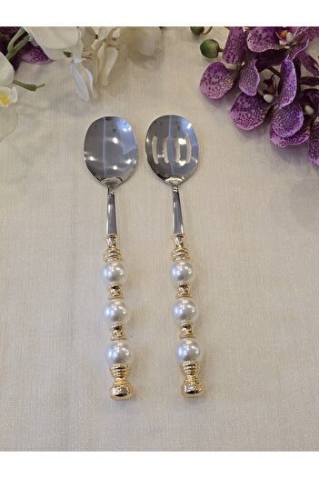 AlyaHomeAksesuar 2 Piece Pearl Salad Serving Spoon Set Gold