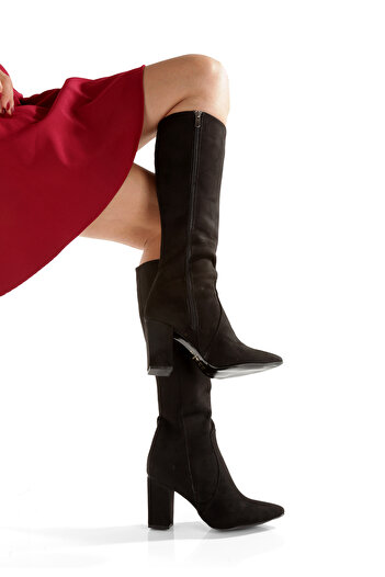 PAYZİN '' Ayşe'' Black Suede Pointed Toe 9 cm Thick Heel Zippered Classic Boots New Season