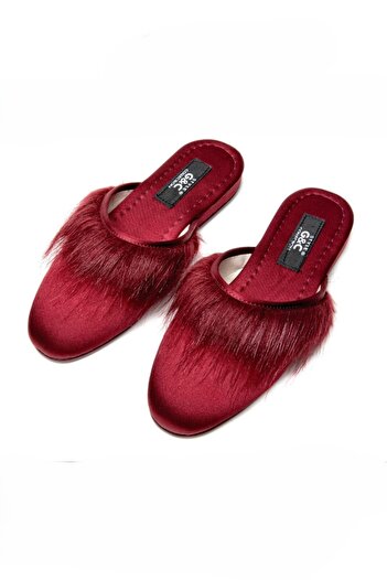 QKK Women's Burgundy Furry Heelless Bridal Dowry House Slippers Q2G4K5Ck