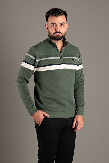 ZEKİ ÖZER Men's Khaki Zippered Patterned Knitwear