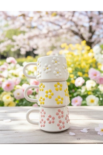 BB TRADE Handmade Set of 3 White Yellow Pink Ceramic Mugs