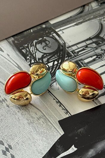 Trendy Butik Turquoise and Orange Color Bohemian Earrings