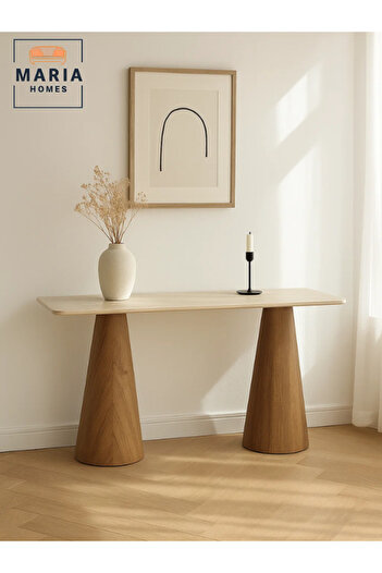 MARIA HOMES Beige Top Console Table with Brown Wooden Base – Modern Entryway & Living Room Table 140×40×80 cm