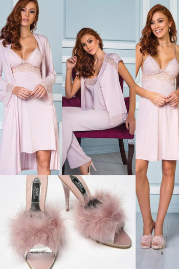 Mavelle Women's Powder 6-Piece Bridal Dowry Set Nightgown & Dressing Gown & Pajama Set & Shorts Set with Slippers and Gift