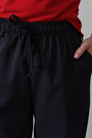 Melike Bakar Boutique Elastic Waist Wide Leg Navy Blue Trousers