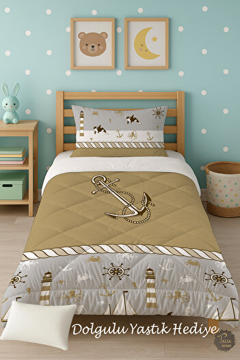 Talia Home Brown Anchor Patterned Single Children's Quilt Sleeping Set Tlag-015