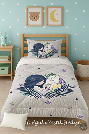 Talia Home Gray Unicorn Princess Patterned Single Children's Quilt Sleeping Set Tlag-203
