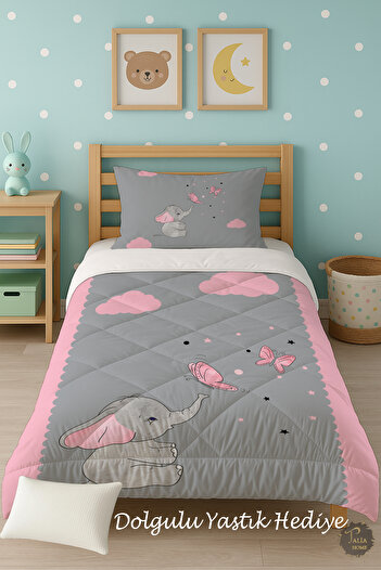 Talia Home Gray Butterfly Elephant Patterned Single Children's Quilt Sleeping Set Tlag-219