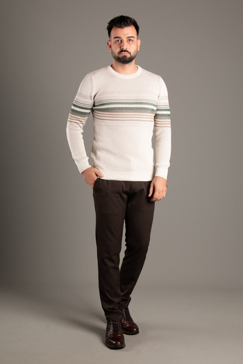 ZEKİ ÖZER Men's Cream Striped Ribbed O-Neck Knitwear