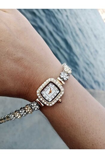 QUARTZ Gold Steel Cord Women Wristwatch Minimal Model Zircon Stone Gold Case Tt0127
