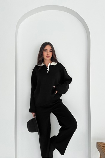 Noi Belis Basic Polo Neck Half Placket Buttoned Knitwear Bottom-Top Set Aw25Au0013