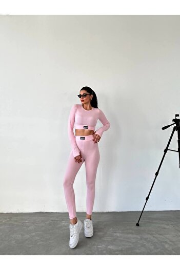 MADAME MELEK Uzun Kollu Parmak Detaylı Crop Ve Tayt Takım Sporcu Tayt Takım