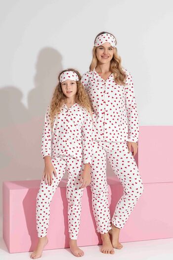 Tarık Mother-Daughter Matching Buttoned Suede Long Sleeve Sleep Band Family Matching Pajama Set-3979