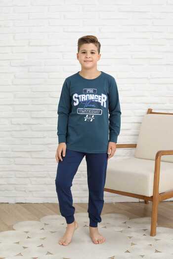 Şekerkids Boy's Cotton Combed Fabric Petrol Blue Pajama Set with Text Detail