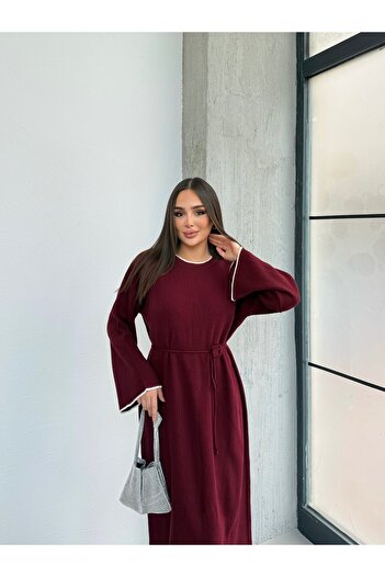 Anna Moda BORDO İP DETAYLI MAXİ BOY TRİKO ELBİSE