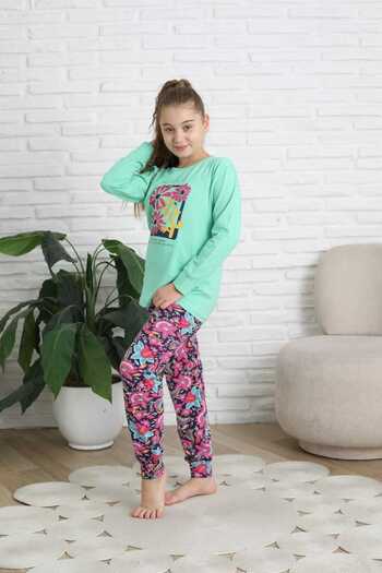 Şekerkids Girl's Cotton Combed Fabric Green-Purple Color Floral Detailed Pajama Set