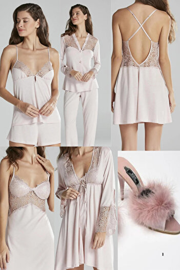 Mavelle Women's Powder 6-Piece Bridal Dowry Set with Nightwear&House Dress&Shorts Set&Pijama Set&Slippers with Gift