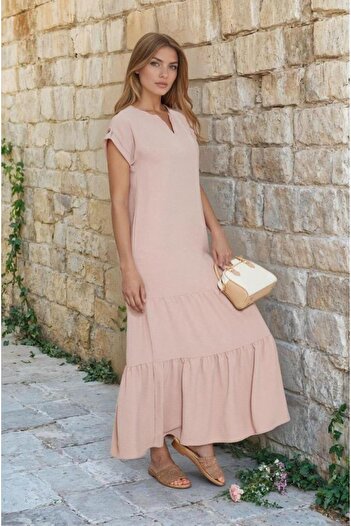 Pasaklı Giyim Women's Powder Long Skirt Ruffled Short Sleeve Epaulet Detailed Loose Casual Comfortable Dress 3761366