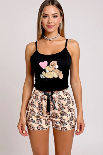 agishop Teddy Bear Patterned Women's Pajamas with Suspender Shorts