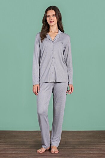 Pijadore Women's Grey Color Front Buttoned Long Sleeve Shirt Collar Pajama Set C1T4N91