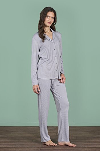 Pijadore Women's Grey Color Front Buttoned Long Sleeve Shirt Collar Pajama Set C1T4N91