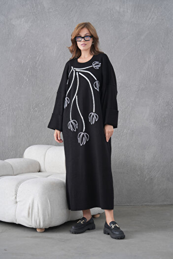 Miss Allos Women's Wide-Fit Long Knit Dress with Front Glass Beads and Sequin Embroidery