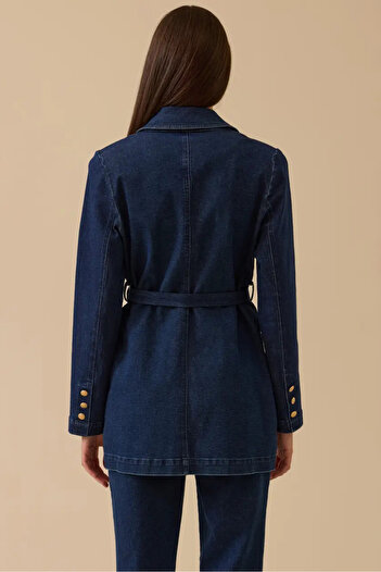 SEÇİL Women's Jean Jacket with Pockets and Belt - Navy Blue