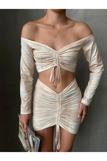 By Mop Drawstring Skirt Blouse Suit Beige S24709