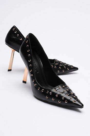 Mubiano Women's Leather Shoes Gold Detailed High Heels 9 cm Black Fiorra