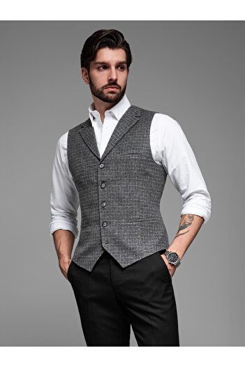 OMBRE Elegant men's checkered vest with lapels - black V3 OM-BLZV-0110 M