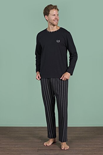 Pijadore Men's Black Color Long Sleeve Round Neck Striped Detailed Pajama Set C0T4N91