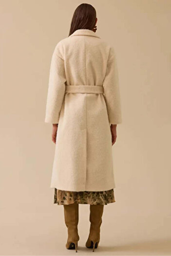 SEÇİL Women's Belted Double-Breasted Long Coat - Ecru