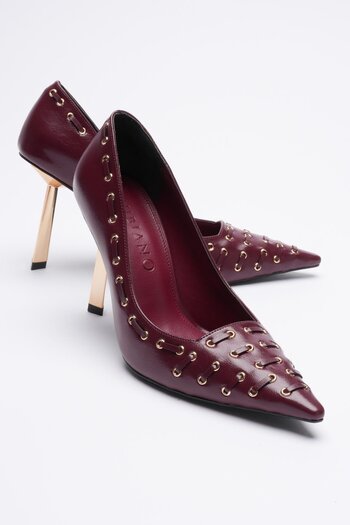 Mubiano Women's Leather Shoes Gold Detailed High Heels 9 cm Burgundy Fiorra