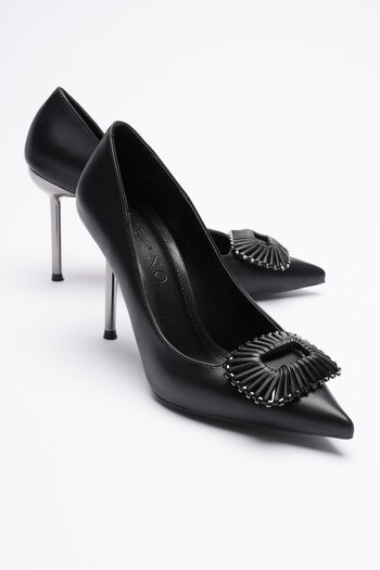 Mubiano Women's Leather Shoes Platinum Buckle High Heels 9 cm Black Olivine
