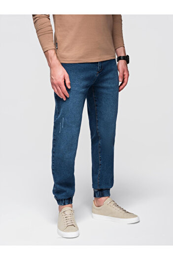 OMBRE Men's denim JOGGERS pants with classic bandage - blue V2 OM-PADJ-0265 S