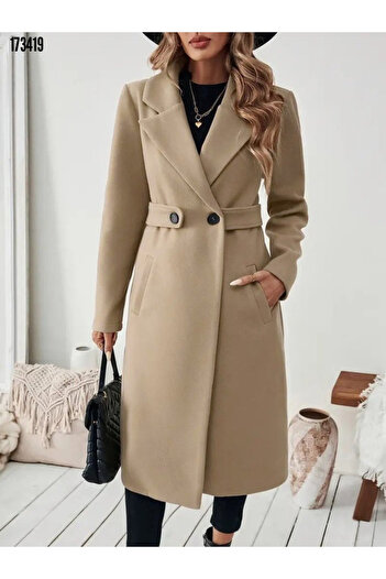 Viyamo New Season Women's Winter Cashmere Coat Midi Length with Pockets Long Sleeves Stripe and Button Detail