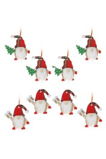 Jumbo Set Ornamente Brad de Craciun Figurine Gnome din Lemn cu Caciula Rosie cu Carouri 6 cm - 8 buc