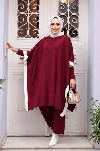 N.S NEVA STYLE Panche Burgundy Hijab Knitwear Triple Set 33850Br