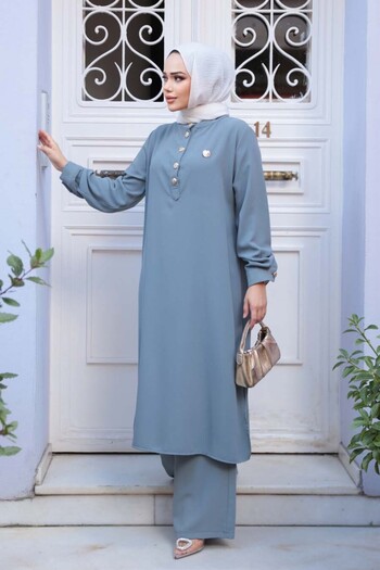 N.S NEVA STYLE Button Detailed Gray Hijab Double Set 76642Gr